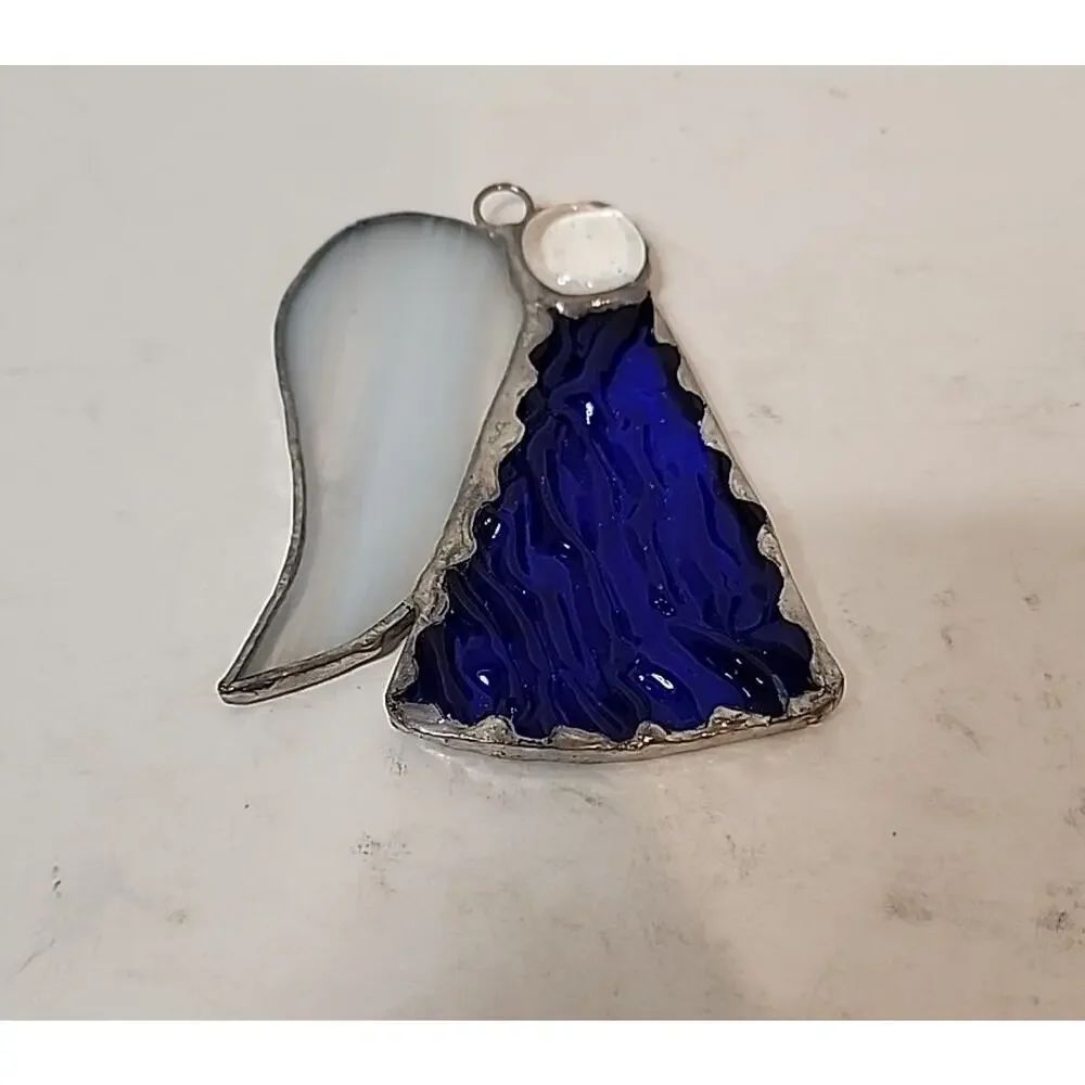 Stain Glass Angel Ornament Blue Textured Glass Body White Glass Wings 3.5”T